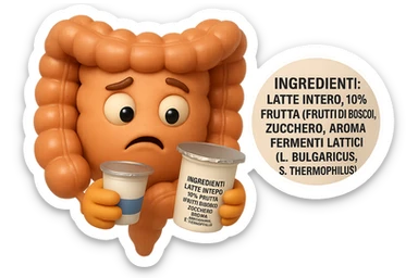 SU QUESTO STILE FAI UN EMOJI STILE IPHONE 3D DI UN INTESTINO CHE HA IN MANO UN BARATTOLO DI YOGURT CONFEZIONATO DA SUPERMERCATO E LEGGE L'ETICHETTA NUTRIZIONALE CON GLI INGREDIENTI IN ITALIANO, ACCANTO ALLO YOGURT CHE HA IN MANO C'è UN FOCUS SULL'ETICHETTA CON GLI INGREDIENTI SCRITTI, FAGLI UN ESPRESSIONE CONFUSA MENTRE LEGGE E FALLO MOLTO REALISTICO IN 3D sticker