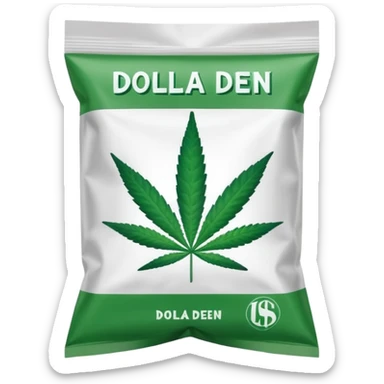 Weed pound baggie with the name Dolla Den and a logo sticker