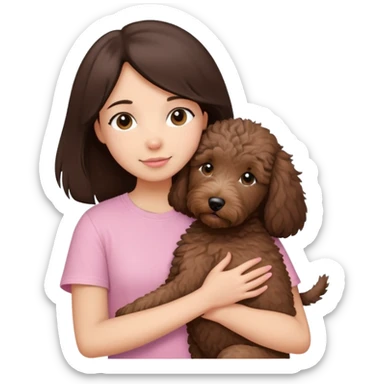 One girl with medium long dark brown hair dressing baby pink T-shirt, hugging One little brown coated labradoodle. sticker