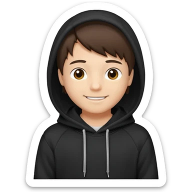 A brunette boy, short straight hair, light brown eyes, with a black sweatshirt with a hoodie, and smile  sticker
