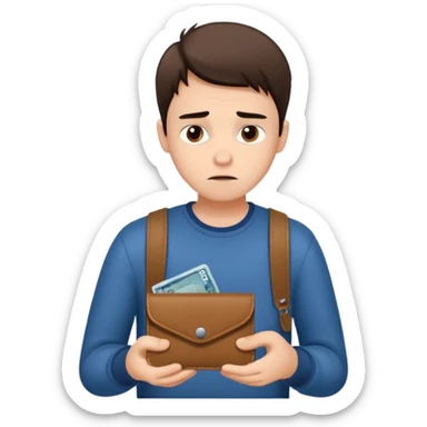 A young guy looks sadly at his empty wallet. sticker