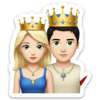 Prince with crown, black hair, body, legst, blue eyes, woman blonde hair, green eyes, sexy white short sleveless dress,  sticker