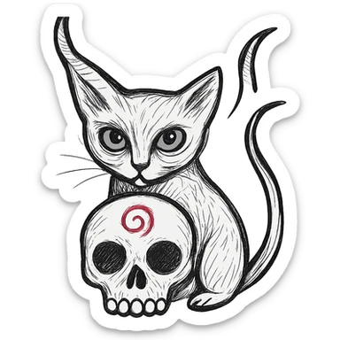 Adjust the composition so the large skull is in front of the cat and covers the cat's belly. Keep the realistic hand drawn style with dynamic outlines and no fill. Preserve the charm on the horn, the cat's green eyes, and the red spiral on the skull. Maintain transparent background. sticker
