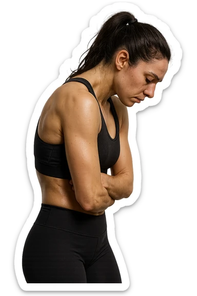 DONNA FITNESS DI PROFILO CON POSTURA CHIUSA E SPALLE IN AVANTI, ISOLATA SU SFONDO BIANCO,  iperrealistico 4k sticker