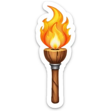 Indiana Jones-style flaming torch: worn wooden stick, bright orange flame, dark and realistic atmosphere. sticker