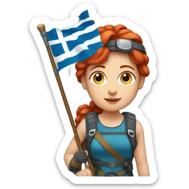 female winter mountaineer red hair holding greek flag and easter egg sticker