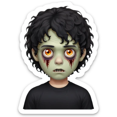 Boy, zombie, black curly wavy hair, medium hair, emo, round shaped hair, dark hair, spooky, creepy expression, fringe in the eyebrows height, with Black t-shirt  sticker