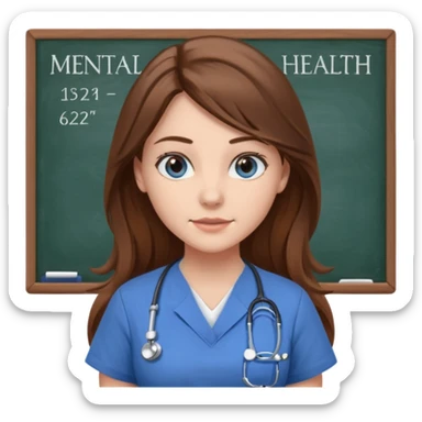 university classroom that says Mental Health Nursing on the blackboard with a pretty female nursing student with long brown hair, blue eyes sticker