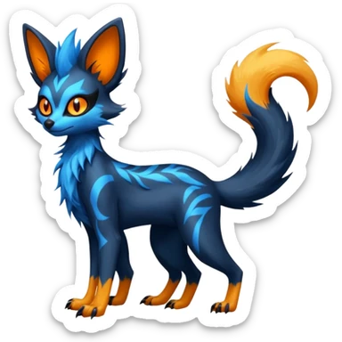 Lykoi-Fennekin-Electrike-Luxray-fusion-hybrid-animal-Fakémon-creature, full body, thin long sleek scaly tail, intricate markings sticker