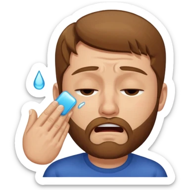 A man with light brown hair and a short brown beard making a wah cry face with eyes closed sticker