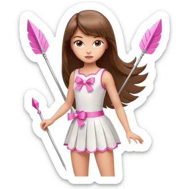 Hada sexy cupido pequeña  de cabello largo lacio castaño con flequillo y ojos cafés  vestida con algo sensual corto color blanco o rojo arco delgado con un color que combinen   y flechas  igual delgadas  que combinen y labios rosas tipo Barbie pero en hada cupido de cuerpo completo ojos sexys  sticker