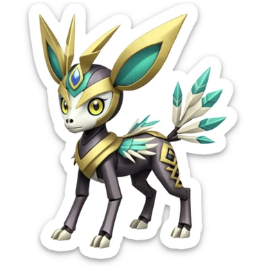 Arrow-patterned chevron-marked Big-eyed anime-styled Colorful Shiny Tribal Skeletal masked armored Meloetta-Silvally-Solgaleo-Raikou-Pokémon-Digimon-Fakémon-fusion-hybrid-creature, full body sticker
