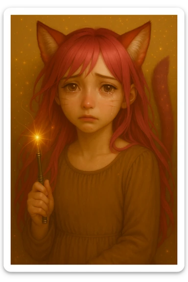 Change the character's expression to sad with teary eyes and a gentle frown, maintaining the realistic anime style. Keep the pink hair, magical accessory, and sparkles as in the original image. sticker