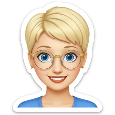 blonde teacher with pixie haircut, gold glasses, blue eyes, big eyelashes, nice smile sticker