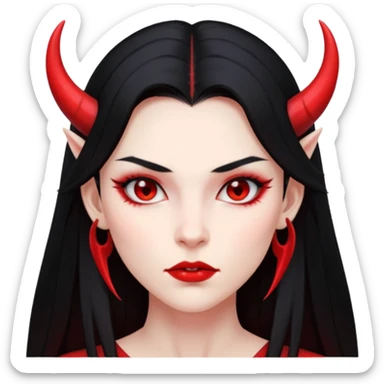 Head only demon girl, strong pronounced cheekbones, sharp angular jawline, skin fully pure red everywhere, long straight sleek black hair, small ho sticker