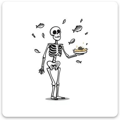 Ethereal skeleton in firm posture with floating sardines, bright yogurt, and golden sesame seeds around it, white light threads connecting the foods to the bones sticker