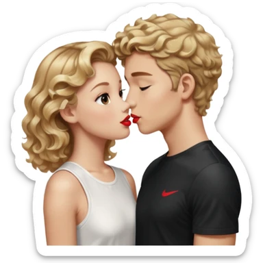 A girl with balayage blond curls kissing a boy with light brown hair. She wears a dress white and he wears a wihite sports shirt from nike sticker