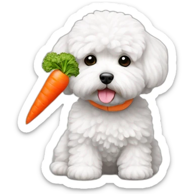 a white maltipoo with a carrot sticker