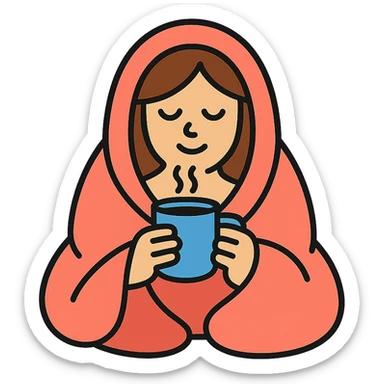 girl inside a blanket sipping coffee, eyes closed, style 6 sticker