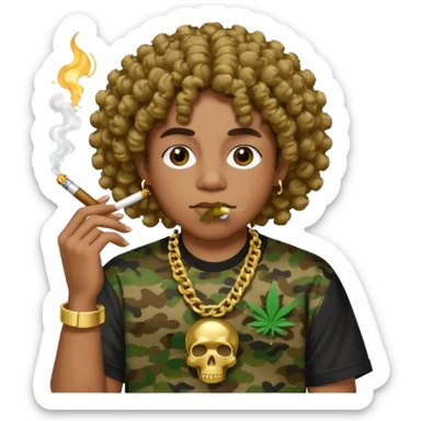 curly hair wearing bathing ape shirt smoking weed with grills sticker