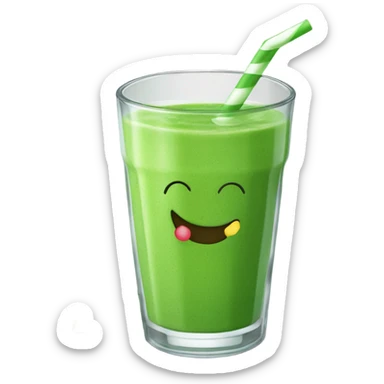 Generate a bright green smoothie emoji in a glass cup with a straw, decorated with a mint leaf and a smile. sticker