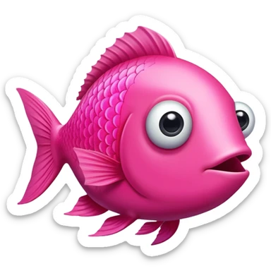 extremely derpy bright pink fish in perfect side profile facing right, but with both googly eyes comically visible and looking at viewer, stupid expression, flat 2D side view, very silly and goofy sticker