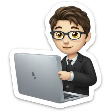 Pc in hands, works on pc, Blue eyes, Classy programmer, 13 years old, coat, formal outfit, pc in hands, brunette boy, uses pc stays on pc, black coat, has pc in hands, all body see sticker