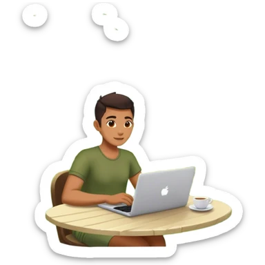 A digital nomad sits at a café in Bali, working on a laptop surrounded by lush green rice terraces and swaying palm trees sticker