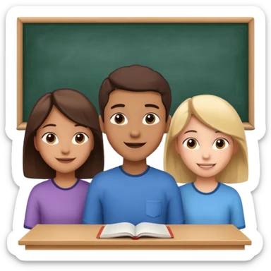 a group of students of both genders (boy and girl) talking to each other quietly in a classroom (let them face each other) sticker