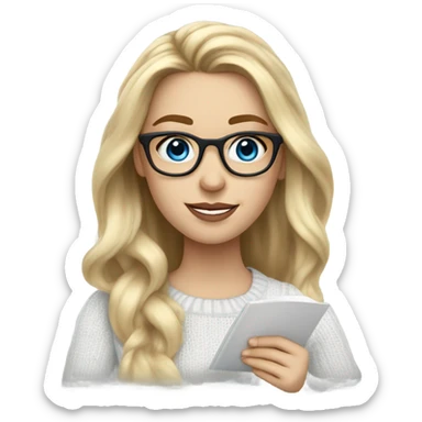Blonde balayage long hair white women sweater blue eyes and small glasses holding note pad and pen sticker