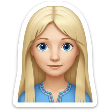 50 yr old white woman, hippe part bangs, very long straight blond hair, oval face, small smile, blue eyes, thin face, hair downback, hair parted at center of head, round cheeks, pale, longer hair sticker