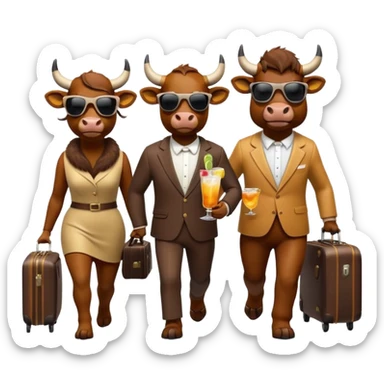 generate an emoji of a group of up to 8 male and female bulls travelling together on holidays. One bull has a suitcase, one has sunglasses, one is carrying a cocktail. They're all in motion, walking together. Make the characters look like bulls sticker