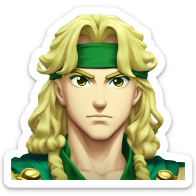 Dio Brando from "JoJo's Bizarre Adventure: Stardust Crusaders" has long blond hair, piercing eyes, and a sharp, angular face. He is tall and muscular, often seen wearing a flamboyant yellow outfit with green motifs and a headband. 




 sticker
