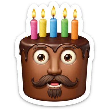 chocolate birthday cake with eyes and candles and beard sticker