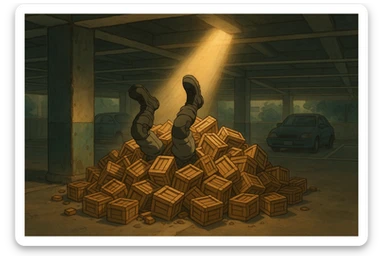 A pile of small oblong crates hidden in a parking structure with a beam of light shining from above, with someone’s boots sticking out like they dove in, tactical gear clothing  sticker