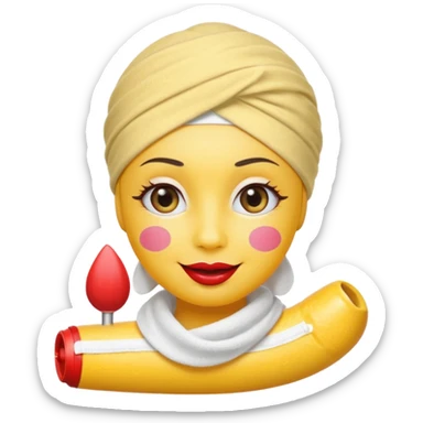 classic round yellow emoji face with big smile, simple emoji-style eyes with eyelashes, blush on cheeks, wearing a white towel turban, large red lipstick tube with visible cap and red tip floating next to the face, no fruit or food, not human-like sticker