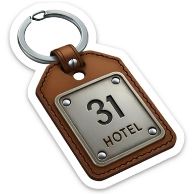 antique silver brass hotel key with large brown leather room number tag sticker