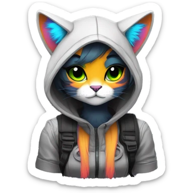 Edgy Shy Anthro cool pretty colorful dark cat-fursona techwear sticker