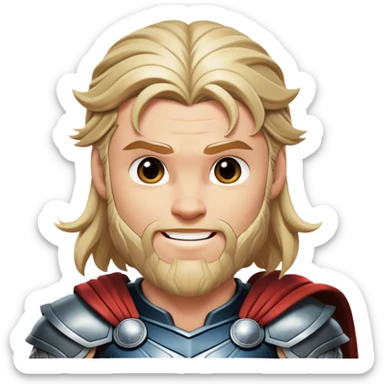 Cinematic Realistic Thor Portrait, head tilted playfully and inquisitively, showcasing his robust form and a warm, disarming smile. His expressive eyes and detailed armor are captured with lifelike clarity, as soft natural highlights reveal a side of the mighty god that is both approachable and full of mirth. sticker