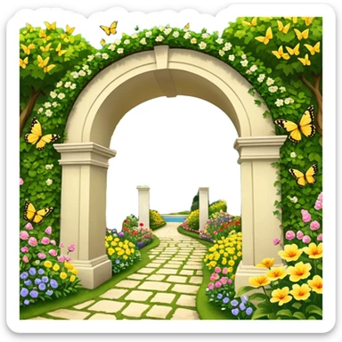 Still life, picturesque highly detailed garden adorned with diverse, vibrant flowers in full bloom, an archway in the center, lots of detailed yellow butterflies, lush trees masterpiece,  dpi 300, 8k. sticker