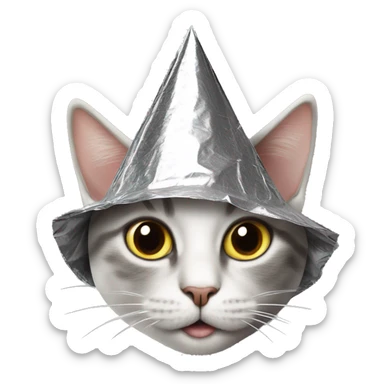 cat wearing a pointed conspiracy tin foil hat sticker