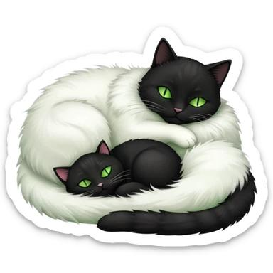 Big black cat with green eyes is sleeping with a small white cat sticker