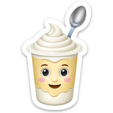 A 3D cartoon yogurt cup with a spoon, creamy white top. sticker