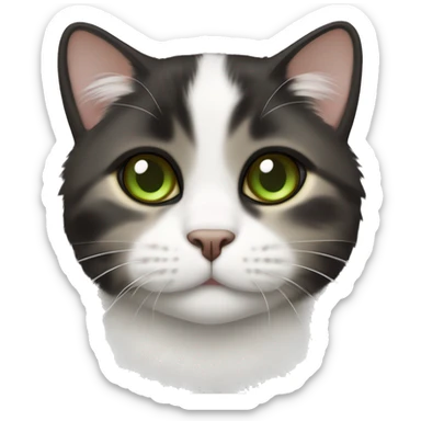 t’s a black and white cat with brownish fur on its ears, a mix of Munchkin and Scottish Fold breeds. It has large, green eyes. sticker