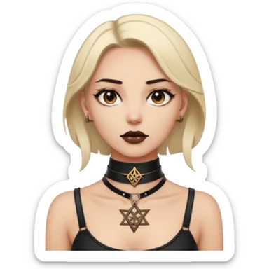 Leather choker with sigil around woman’s neck, pulse visible, dominance tone sticker