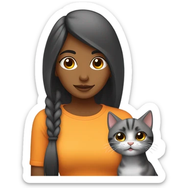 chica pelinegra con un gato gris con subtono naranjo  sticker