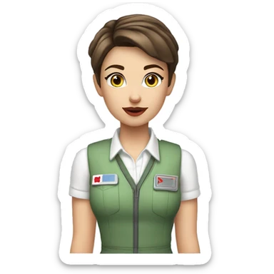 A brunette girl with a pixie cut, she has light pink lips, is white, and hazel blue eyes, she wears a light green shirt, a white vest over, and a light red choker. She is a field medic sticker