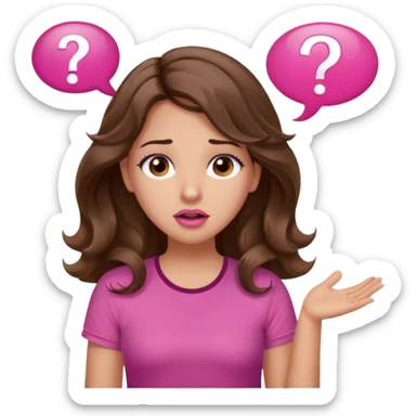 girl with long wavy brown hair, brown eyes, light to medium complexion, in a pink shirt, pink lips, long lashes, shugging, question mark one speech bubble sticker