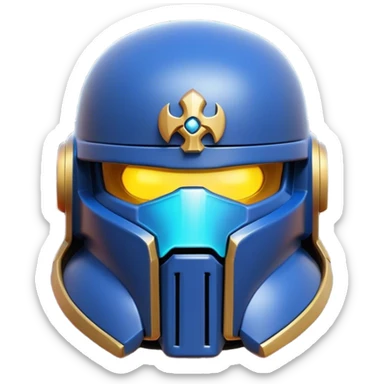 Clash of Clans aesthetic: Cinematic Playful Space Marine Helmet Emoji, rendered in a 3D vector-style similar to standard emojis with minimal shading and bold, simplified shapes. A compact, heroic isometric helmet with futuristic, armored detailing and a glowing visor, softly glowing with a battle-ready cosmic charm. Simplified yet unmistakably iconic, highly detailed and consistent, glowing with a soft radiant shine and high gloss. Stylized with a touch of interstellar valor and a soft glowing outline, capturing the essence of an elite warrior’s helm with a friendly, playful spirit! sticker