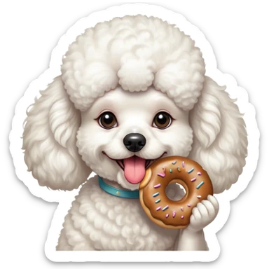 French poodle blanco tamaño mediano hembra con una dona en la boca, mordiendo la y todo el cabello esponjoso sin ningún corte de ningún estilo, sin copete sticker